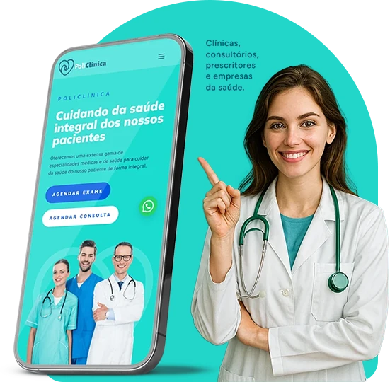 Site de clínica exibido em um celular ao lado de uma médica